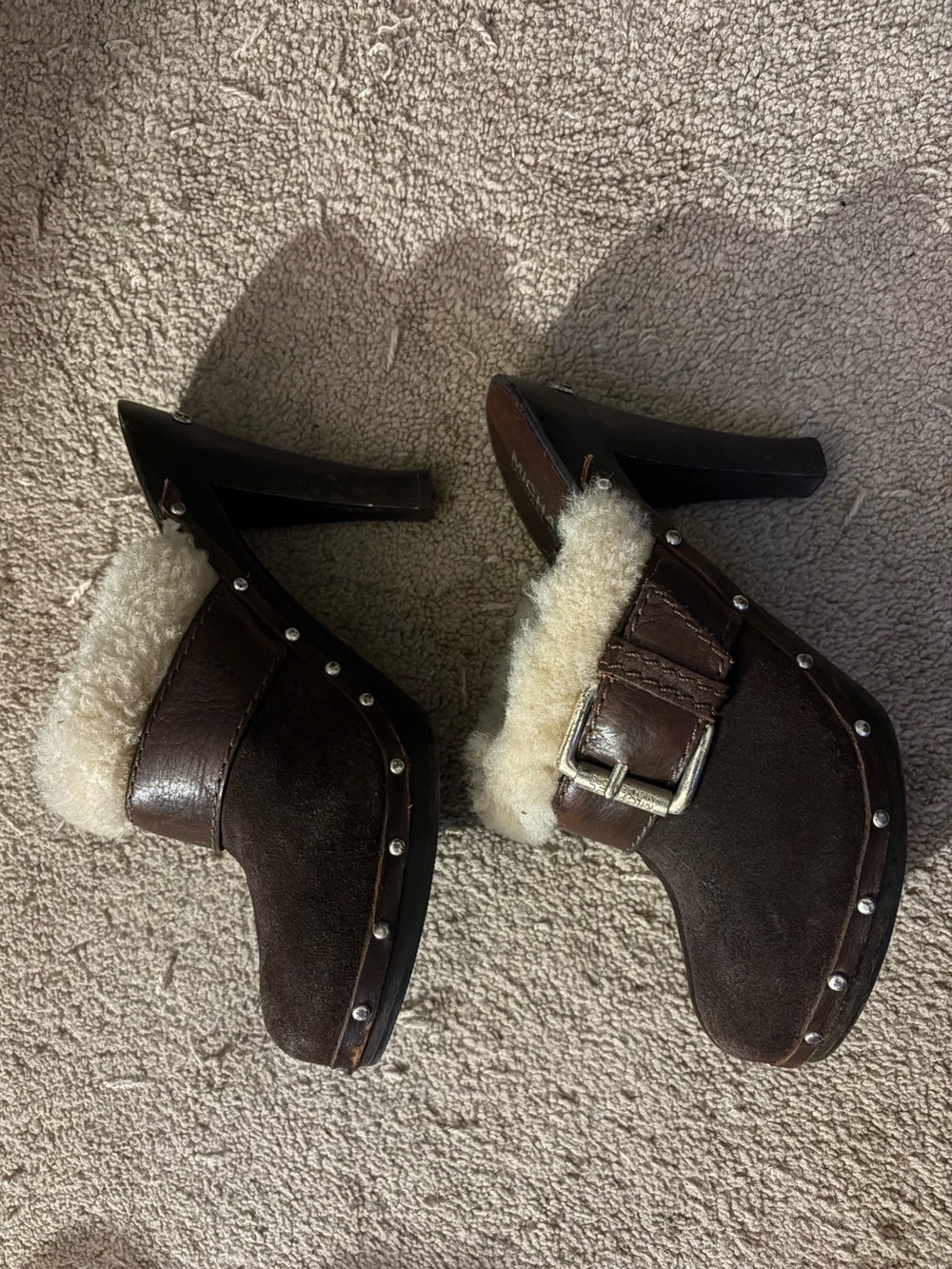Michael Kors Brown Suede Leather Shearling-Trim Clog High Heels with Studs